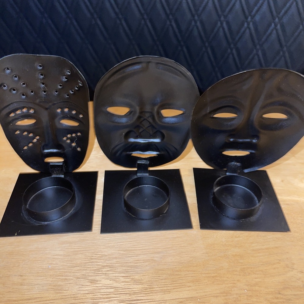 Vintage Theatre Mask Painted Black Metal Candle Holders Home Decor Tea light - Picture 10 of 12
